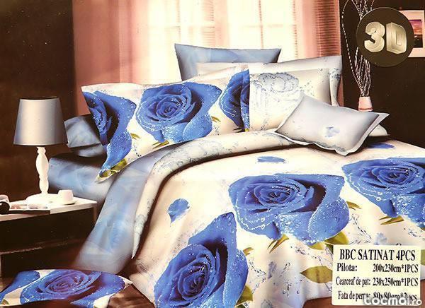 Lenjerie de pat 3d cu trandafiri albastrii cod len100+ cadou