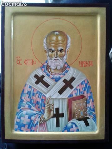 Icoana lemn Sf. Nicolae pictata manual Sfintita