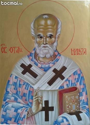 Icoana lemn Sf. Nicolae pictata manual Sfintita