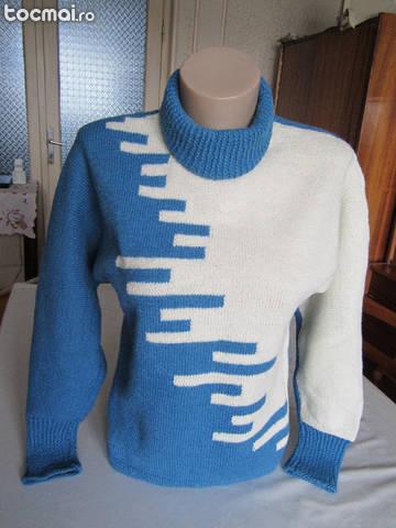 Tricotat manual: Pulover albastru/ alb marime 40- 42
