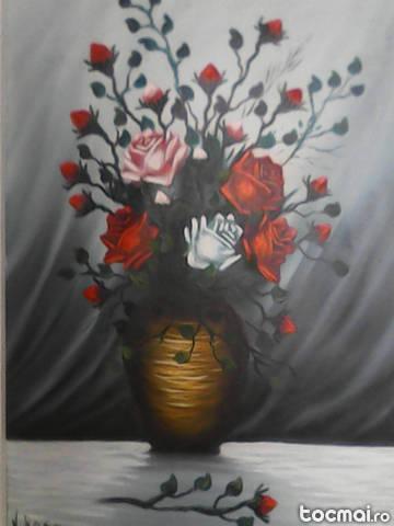 tablou trandafiri in vaza pictat in ulei