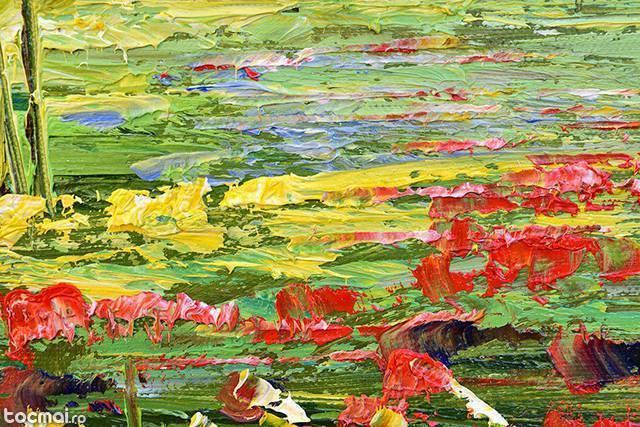 Peisaj cu flori, copaci si case - pictura in ulei 60x50cm
