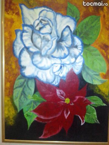 tablou in ulei cu trandafir si craciunita