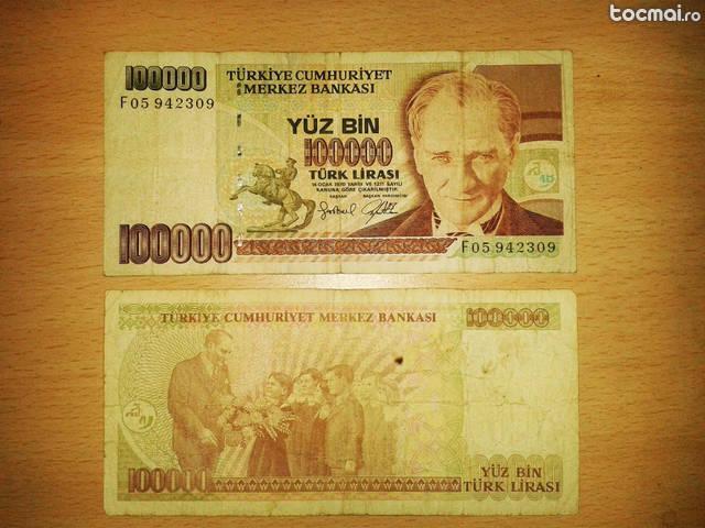 Bancnota 100. 000 lire turcesti (An: 1970)