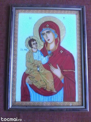Icoana sfintita pictata pe sticla Maica Domnului cu pruncul