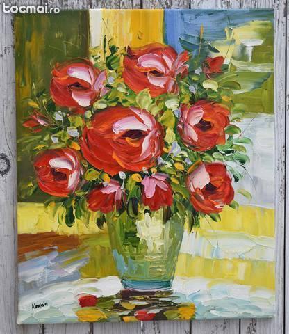 Vaza cu flori (10) - tablou ulei pe panza in cutit 60x50cm