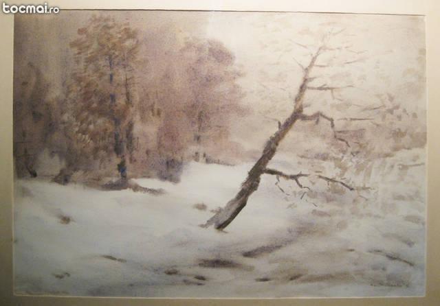Radinschi Copacul solitar Peisaj de iarna tablou acuarela