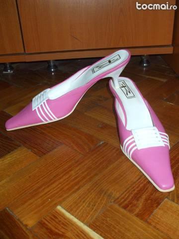 Pantofi saboti sandale cu toc piele varf ascutit roz 39