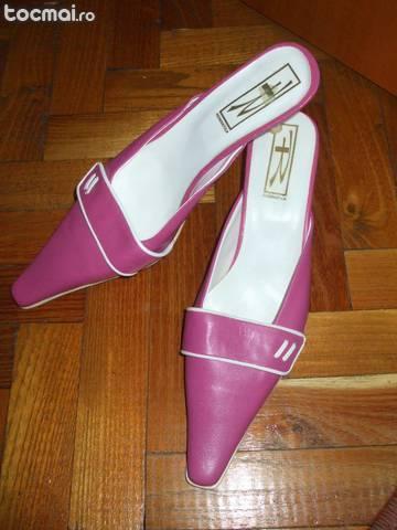 Pantofi papuci saboti sandale toc piele varf ascutit roz 39