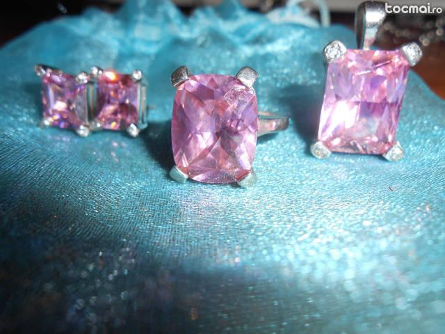 Set bijuterii argint cristale roz nou deosebit