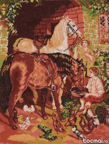 Goblen- Popasul cailor - 19x24 cm. Rama inclusa. An 2012