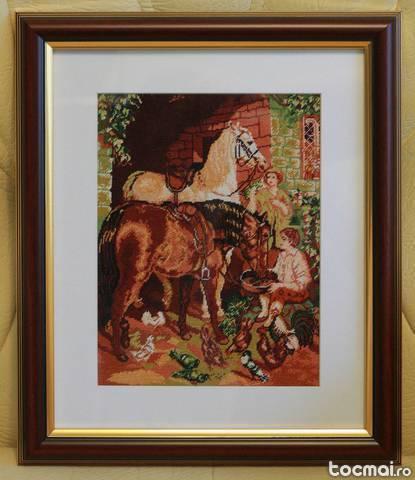 Goblen- Popasul cailor - 19x24 cm. Rama inclusa. An 2012