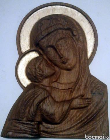 Icoana sculptura lemn - Basorelief - Maica Domnului cu Isus