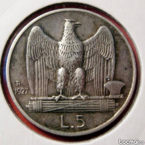 5 Lire 1927 Italia moneda argint fascista