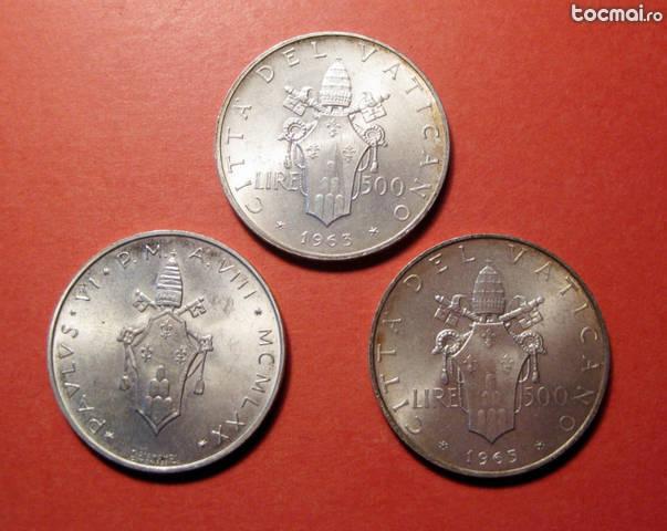 Lot 3 monede argint vatican 500 lire 1963 1965 1970 aunc