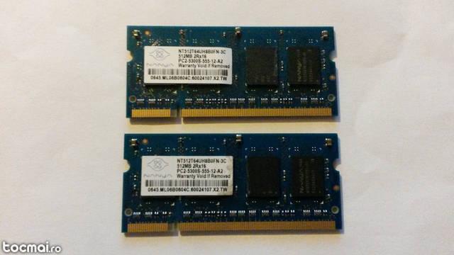 Memorie RAM laptop, 1GB (2 x 512 MB), DDR2, Nanya