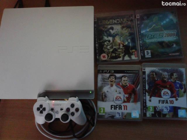 ps3 slim, nou, alb, mat, 320 gb, 1 maneta alba, 4 jocuri