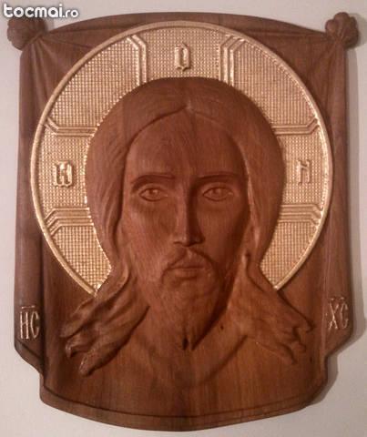 Icoana sculptura lemn stejar - Basorelief - Isus Hristos