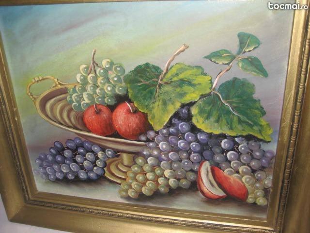 Tablou vechi pe placaj- natura statica cu fructiera si fructe